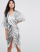 Club L Kimono Sleeve Midi Dress In All Over Sequin - Silver