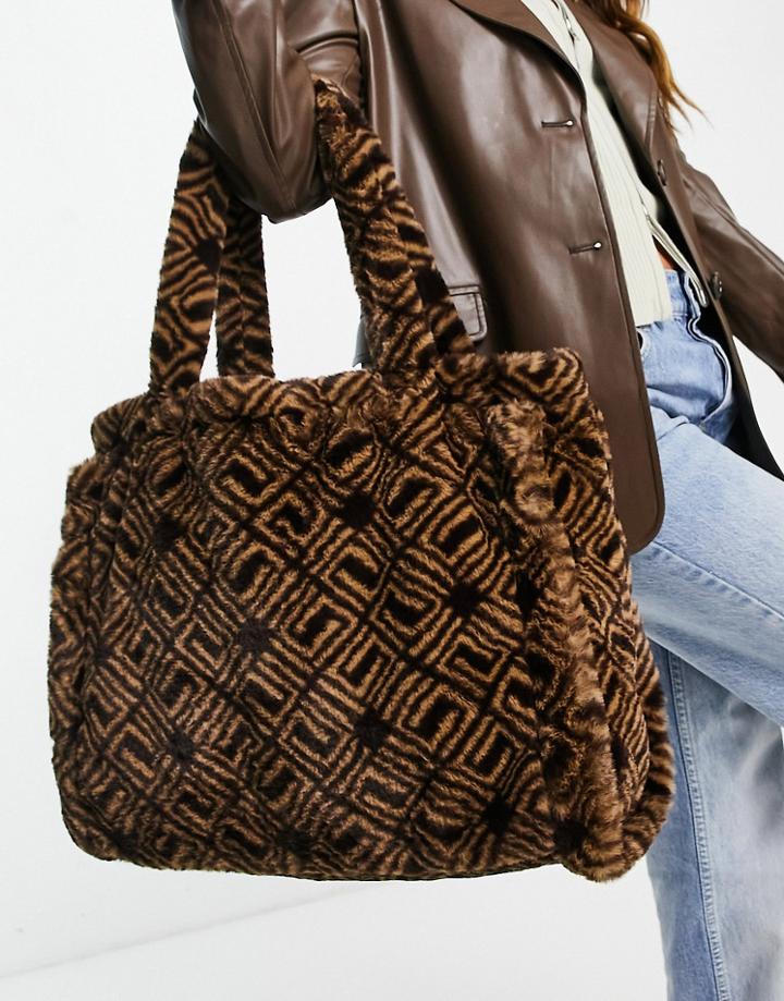 Asos Design Oversized Faux Fur Tote Bag With Monogram Print In Brown