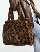Asos Design Oversized Faux Fur Tote Bag With Monogram Print In Brown