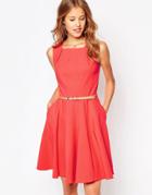 Closet Belted Skater Dress With Panelling - Coral