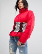 Asos Puffer Jacket With Printed Corset - Red