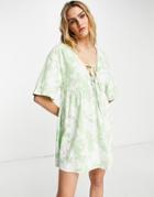 Asos Design Mini Smock Dress With Double Tie Detail In Green And White Floral-multi