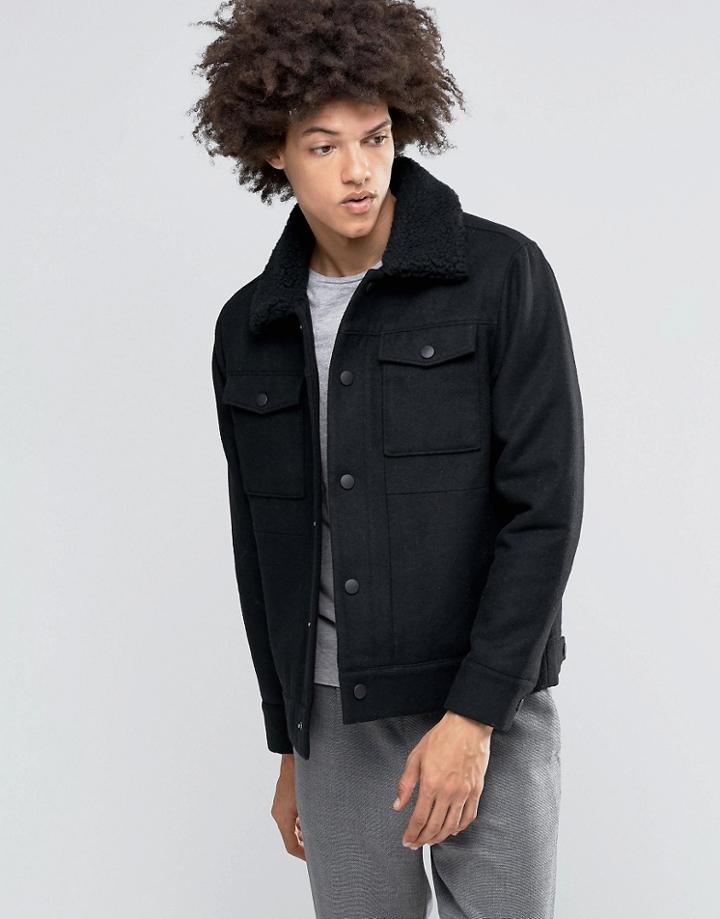 Weekday Son Wool Bomber Jacket Fleece Collar - Black