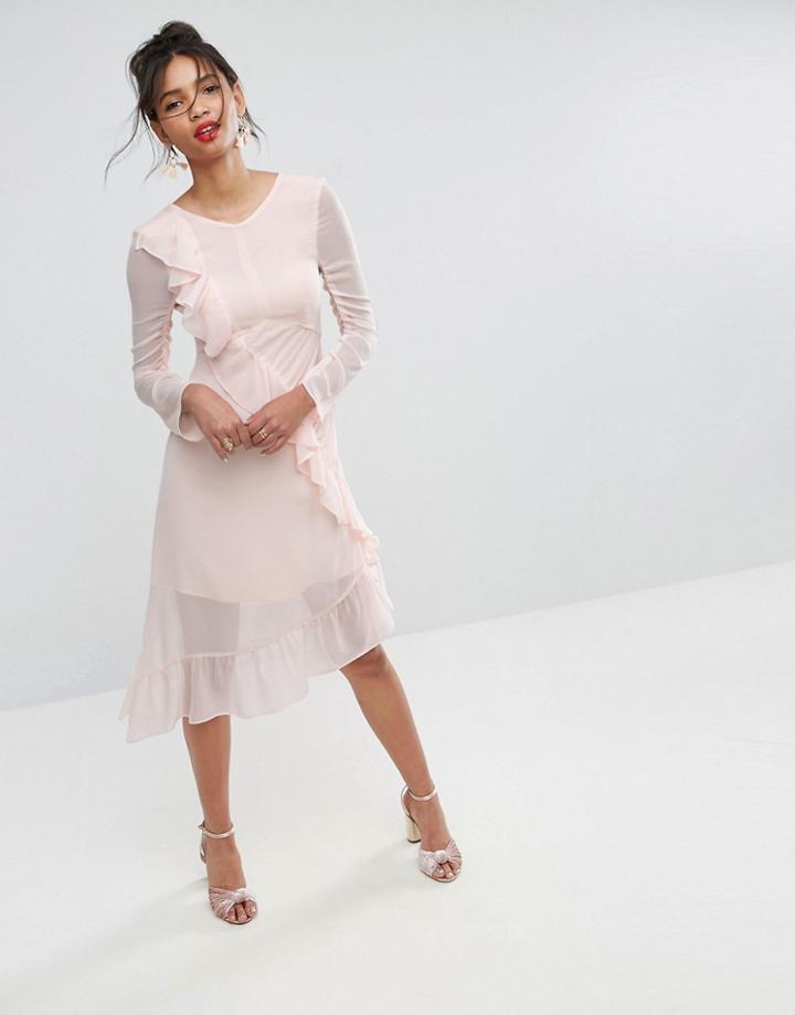 Asos Ruffle Front Midi Tea Dress - Pink