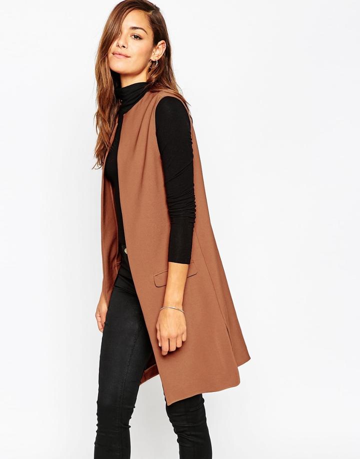Asos Clean Longline Sleeveless Jacket - Tobacco
