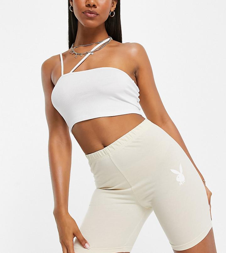 Missguided Playboy Logo Legging Short In Sand-neutral