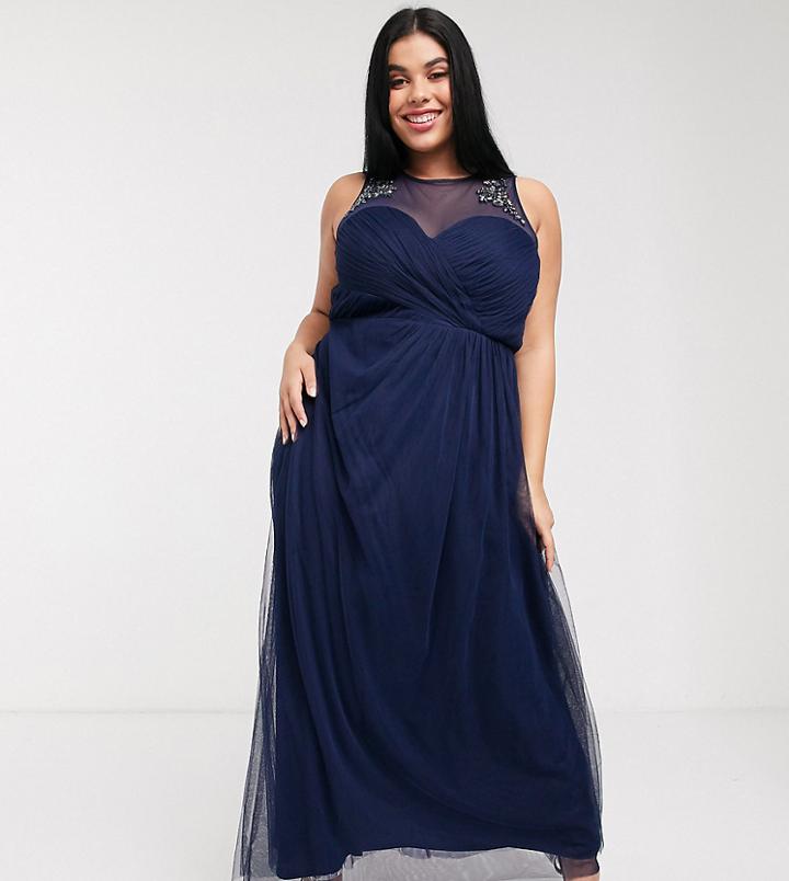 Little Mistress Plus Pleat Maxi Dress With Lace And Embellishment Detail In Navy