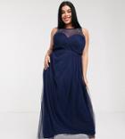 Little Mistress Plus Pleat Maxi Dress With Lace And Embellishment Detail In Navy