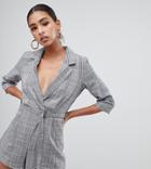 Missguided Tailored Tie Waist Romper In Check - Gray