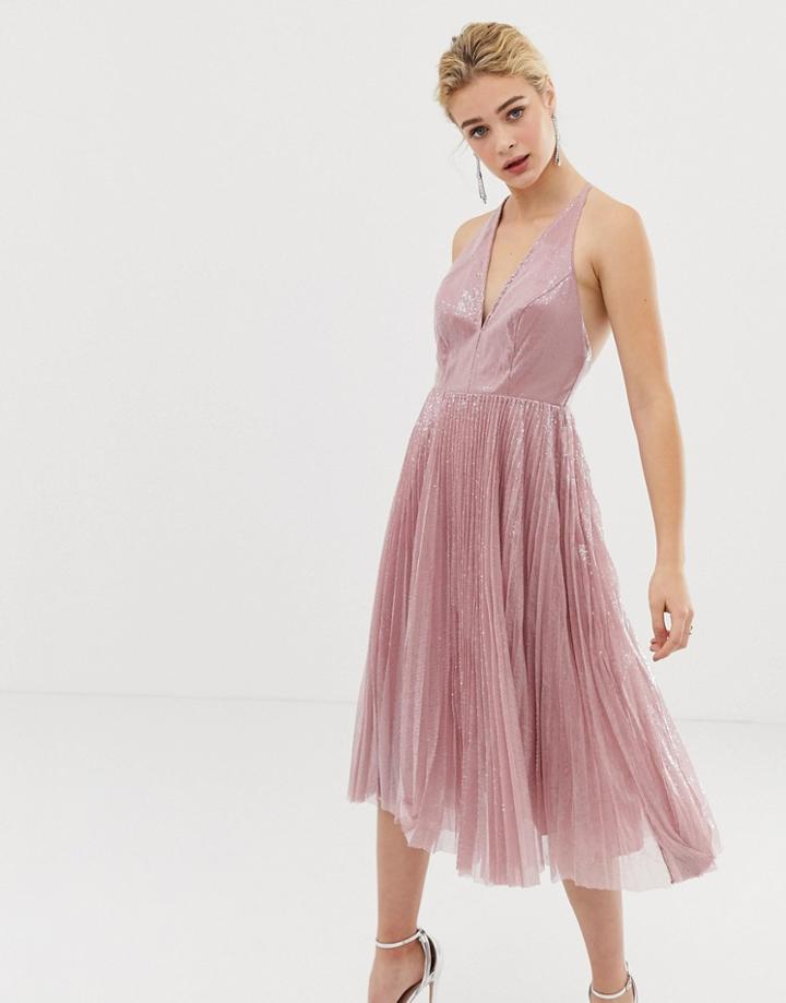 Asos Design Midi Dress In Pleated Sequin-beige