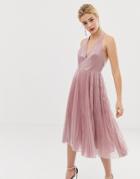 Asos Design Midi Dress In Pleated Sequin-beige