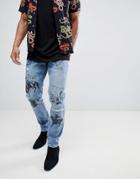 Asos Design Slim Jeans In Mid Wash Blue With Western Prints - Blue