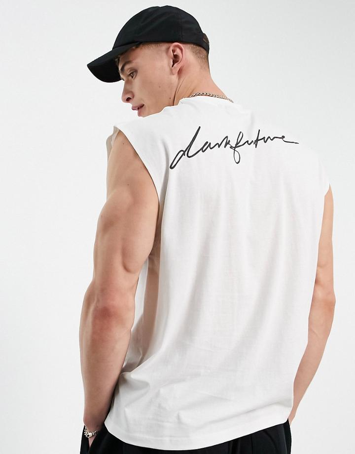 Asos Dark Future Oversized Tank In Ecru With Printed Logo In Organic Cotton-neutral