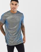 Asos Design Longline T-shirt In Iridescent Metallic Fabric - Silver