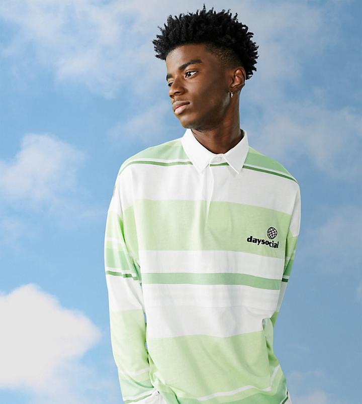 Asos Daysocial Oversized Rugby Shirt With Woven Twil Collar In Green Stripe