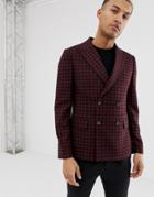 Asos Design Slim Double Breasted Blazer In Burgundy With Houndstooth Check-red