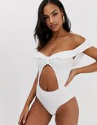 Fashion Union Ribbed Cut Out Swimsuit In White - White