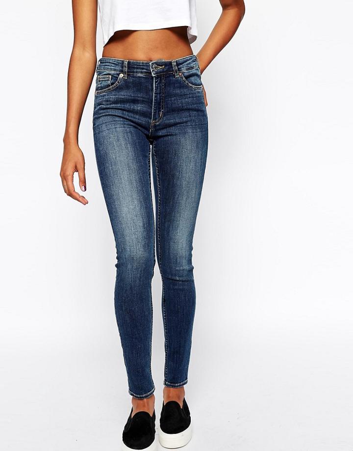Monki Mocki Mid Rise Skinny Jeans In Mid Wash - Blue