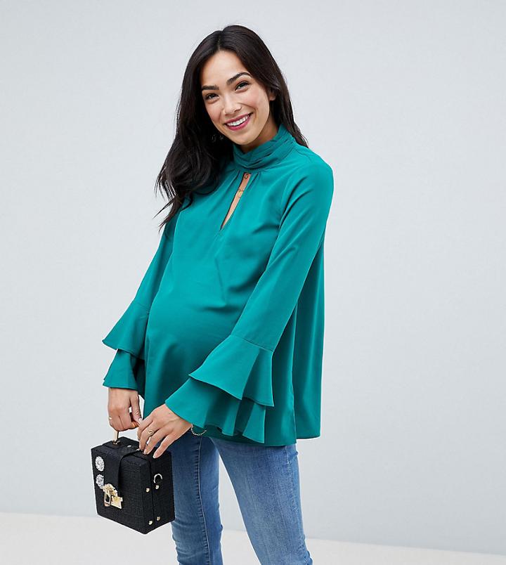 Asos Maternity Cut Out Neck Flared Sleeve Blouse-green