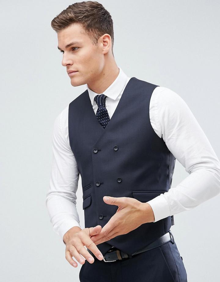 Asos Slim Suit Vest In Navy 100% Wool - Navy