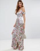 Asos Rose Floral Cold Shoulder Satin Maxi Dress - Multi