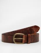 Asos Leather Belt In Dark Tan With Vintage Finish - Brown