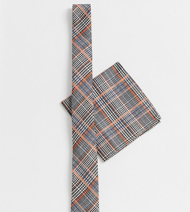 Asos Design Orange And Blue Check Tie & Pocket Square