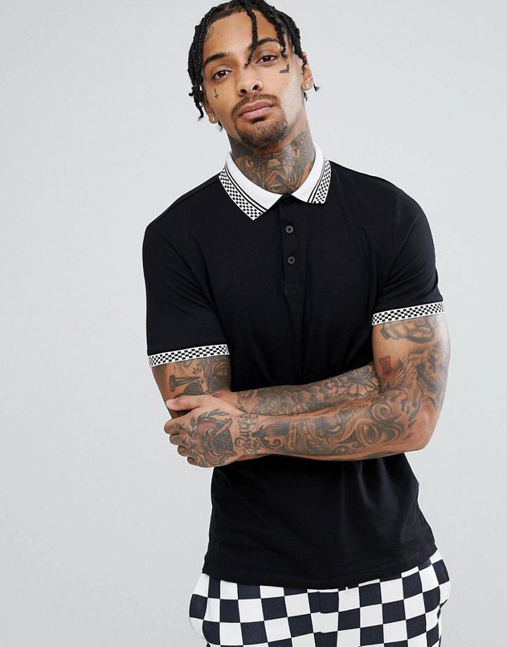 Asos Design Polo With Checkerboard Collar - Black