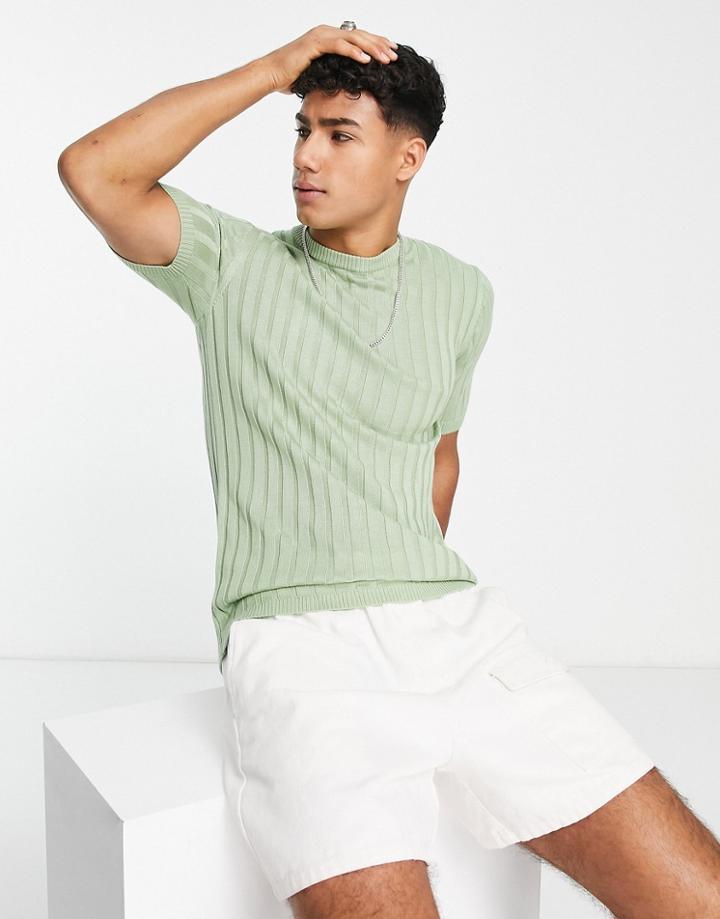 Asos Design Knit Ribbed T-shirt In Light Green