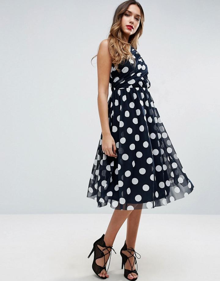 Asos Spot Mesh Midi Dress - Navy