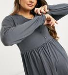 Asos Design Maternity Nursing Button Front Long Sleeve Smock Top In Charcoal-grey