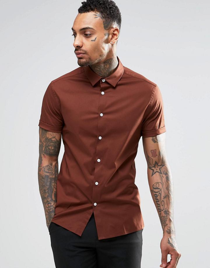 Asos Skinny Shirt With Short Sleeves In Brown - Brown
