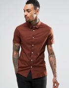 Asos Skinny Shirt With Short Sleeves In Brown - Brown