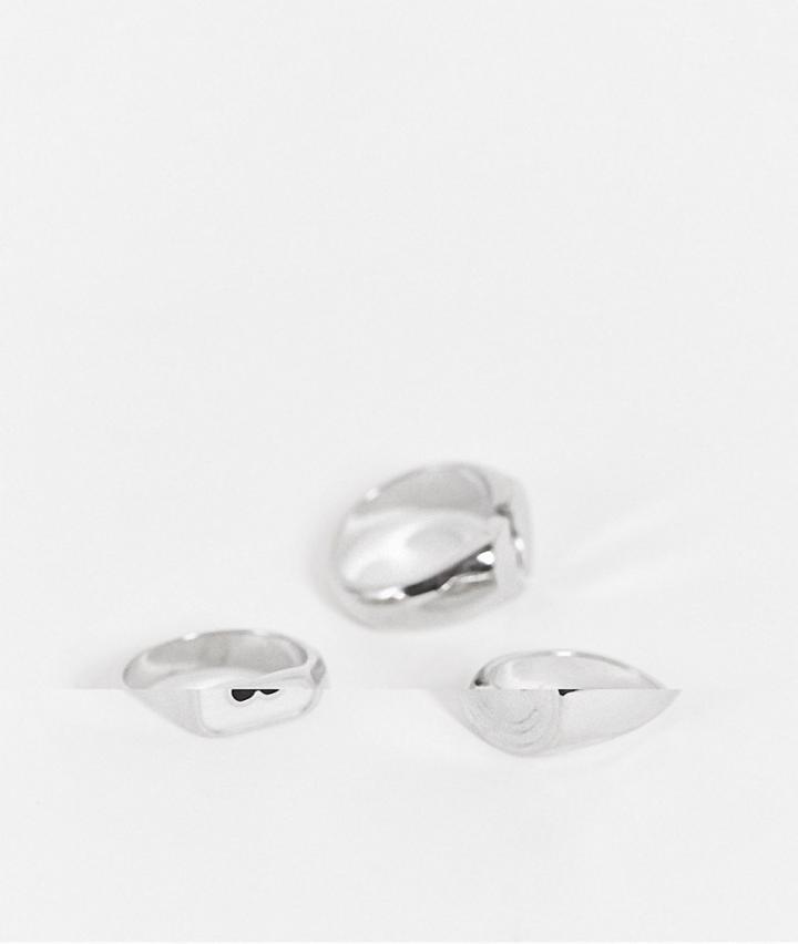 Asos Design 3 Pack Festival Signet Ring Set With Heart And Flower Design In Silver Tone