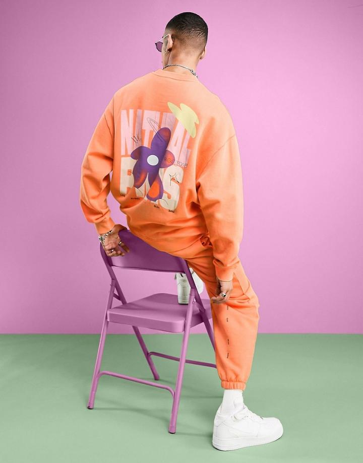 Asos Design Oversized Sweatshirt In Washed Orange With Floral Back Print - Part Of A Set