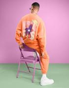 Asos Design Oversized Sweatshirt In Washed Orange With Floral Back Print - Part Of A Set