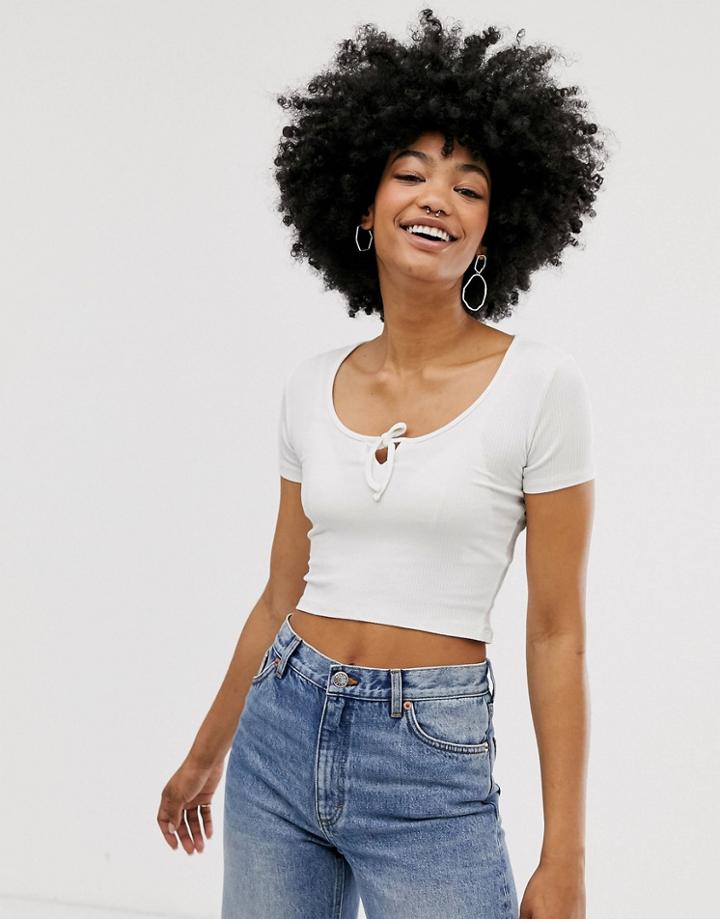 Monki Cropped Top With Tie Detail In White - White