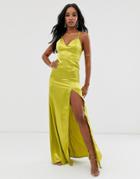 Club L London Satin Plunge Front Maxi Dress With High Thigh Split In Lime - Green
