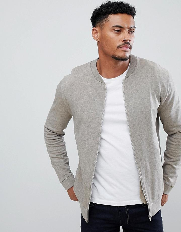 Asos Design Jersey Bomber Jacket In Overdye Beige Marl - Beige