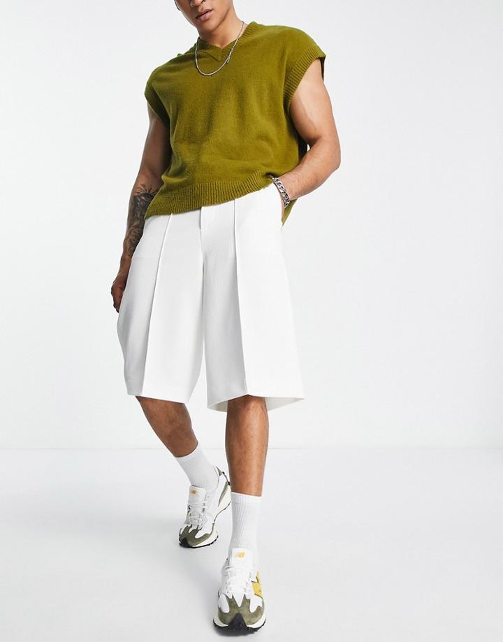 Asos Design Smart Longline Wide Textured Shorts With Drawstring Waist In White