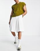 Asos Design Smart Longline Wide Textured Shorts With Drawstring Waist In White