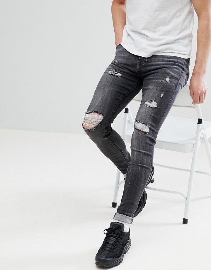 Sixth June Super Skinny Jeans In Washed Black With Distressing - Black