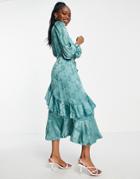 Little Mistress Long Sleeve Ruffle Maxi Dress In Floral Jacquard-blue