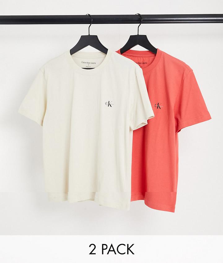 Calvin Klein Jeans 2 Pack Monogram Icon Logo T-shirts In Stone/orange-multi