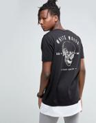 Asos Super Longline T-shirt With White Noise Skull Back Print And Hem Extender - Black