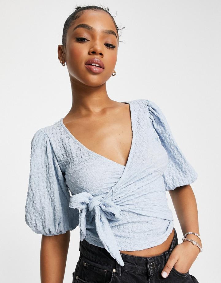 Monki Wrap Side Blouse In Dusty Blue