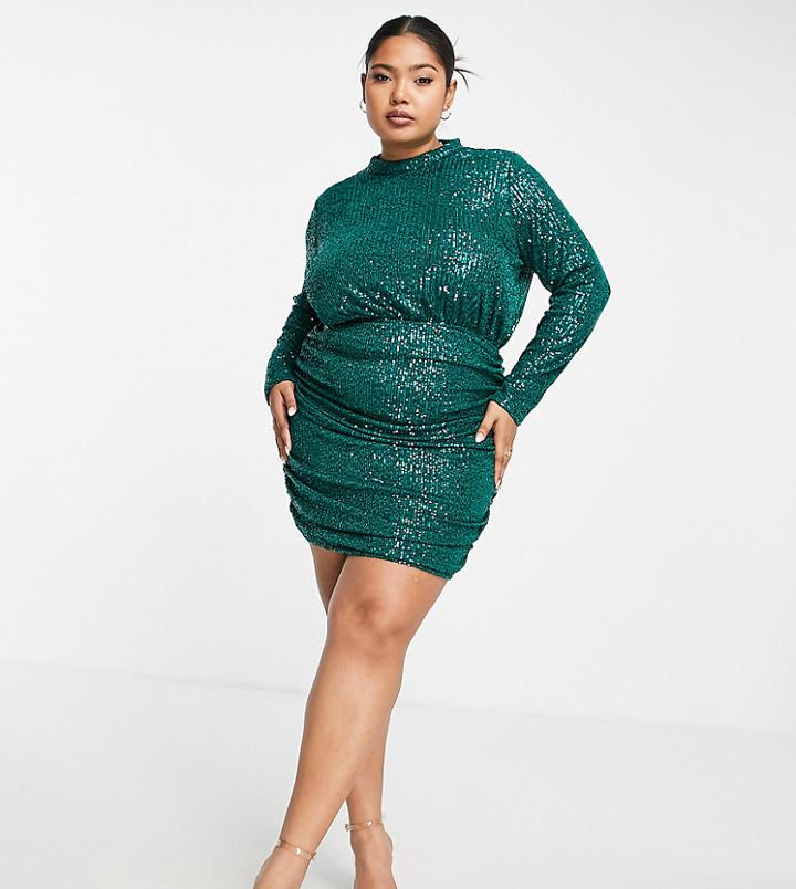 In The Style Plus Exclusive Sequin High Neck Drape Detail Mini Dress In Emerald Green