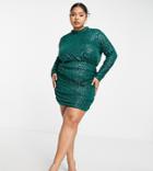 In The Style Plus Exclusive Sequin High Neck Drape Detail Mini Dress In Emerald Green