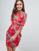 Qed London 3/4 Sleeve Tulip Dress In Floral Print - Red