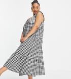 Asos Design Curve Ruffle Strap Tiered Midi Dress In Black & White Gingham Print With Matching Hair Scrunchie-multi